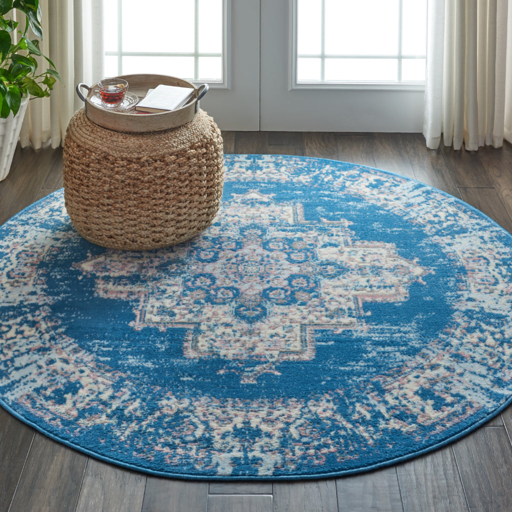 Nourison Home Grafix GRF14 Blue Indoor Round Area Rug - Vintage Style Power-Loomed Medium Pile Rug with Shades of Blue & Ivory-