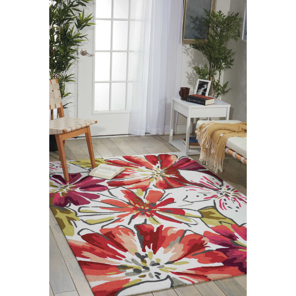 Nourison Home Fantasy FA16 Multicolor Indoor Rectangle Area Rug - Hand Hooked Low Pile Floral Rug with White Background-