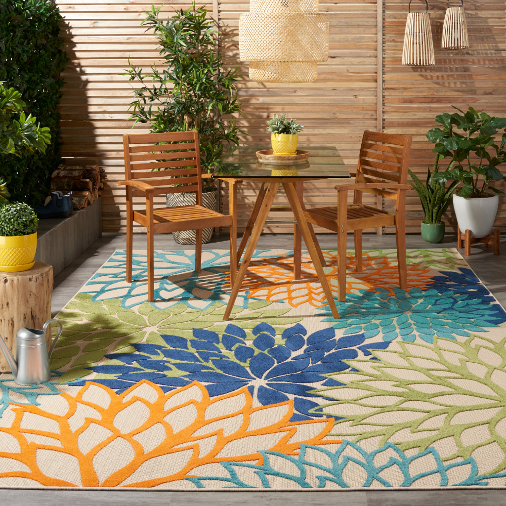 Nourison Home Aloha ALH05 Machine Made Multicolor Rectangle Area Rug - Stain Resistant Indoor &amp; Outdoor Low Pile Rug with Beige Floral Design