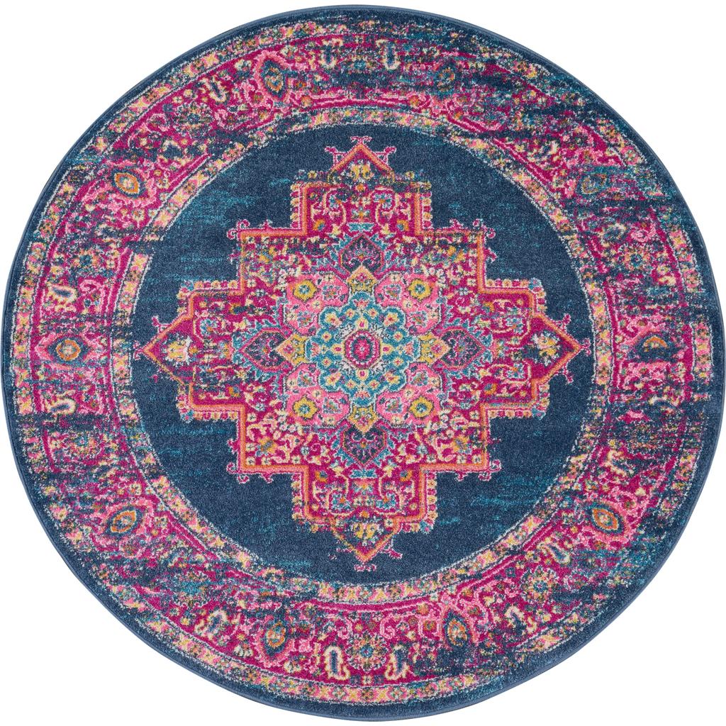 Nourison Home Passion PSN03 Blue Indoor Round Area Rug - Bohemian Power Loomed Machine Made Medium Pile