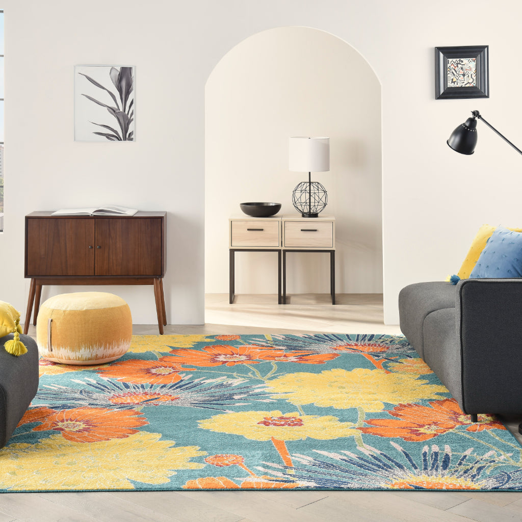 Nourison Home Allur ALR06 Multicolor Rectangle Area Rug - Power Loomed Indoor Low Pile Floral Rug with Blue Background-