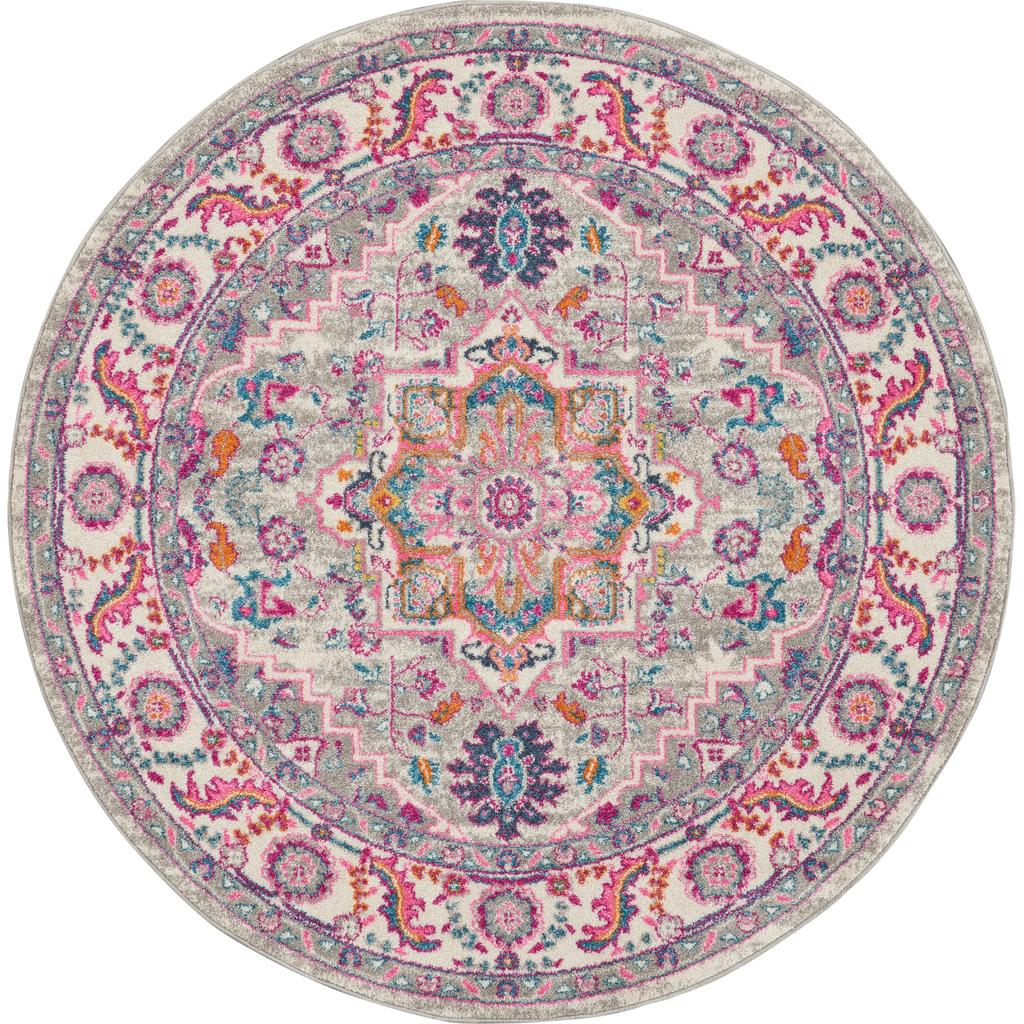 Nourison Home Passion PSN20 Light Grey Pink Indoor Round Area Rug - Bohemian Power Loomed Machine Made Medium Pile