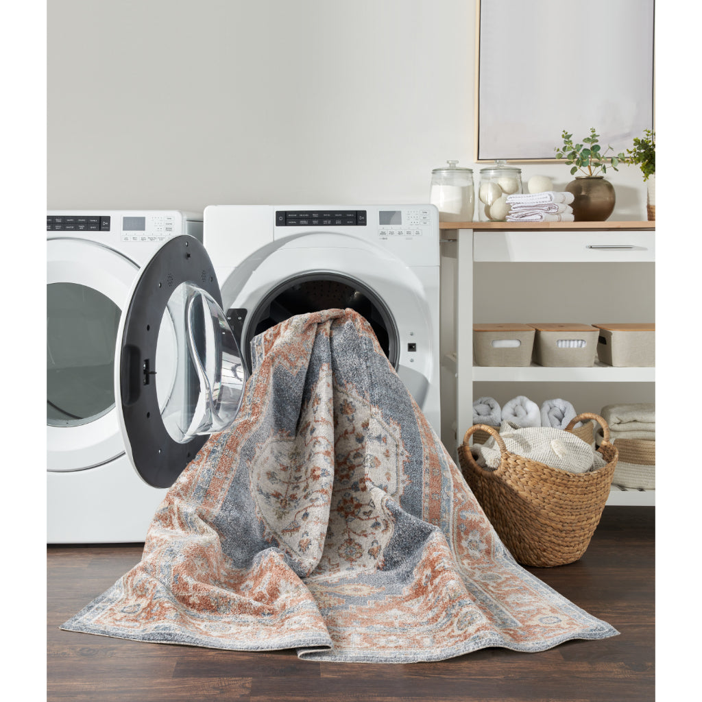 Nourison Home Astra ASW11 Rectangle Multicolor Machine Washable Rug - Power Loomed Persian Rug with Faded Blue-Orange Medallion Pattern-