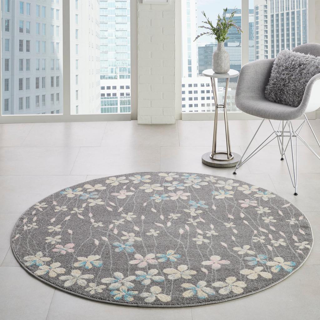Nourison Home Tranquil TRA04 Grey Grey Beige Indoor Round Area Rug - Contemporary Power Loomed Machine Made Medium Pile