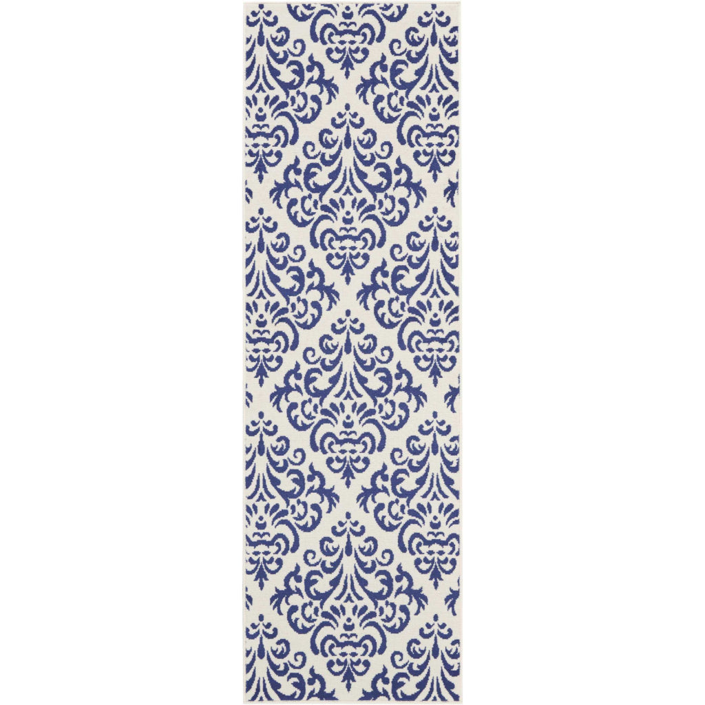 Nourison Home Grafix GRF06 Blue Indoor Runner - Power Loomed Medium Pile Runner with Damask Pattern