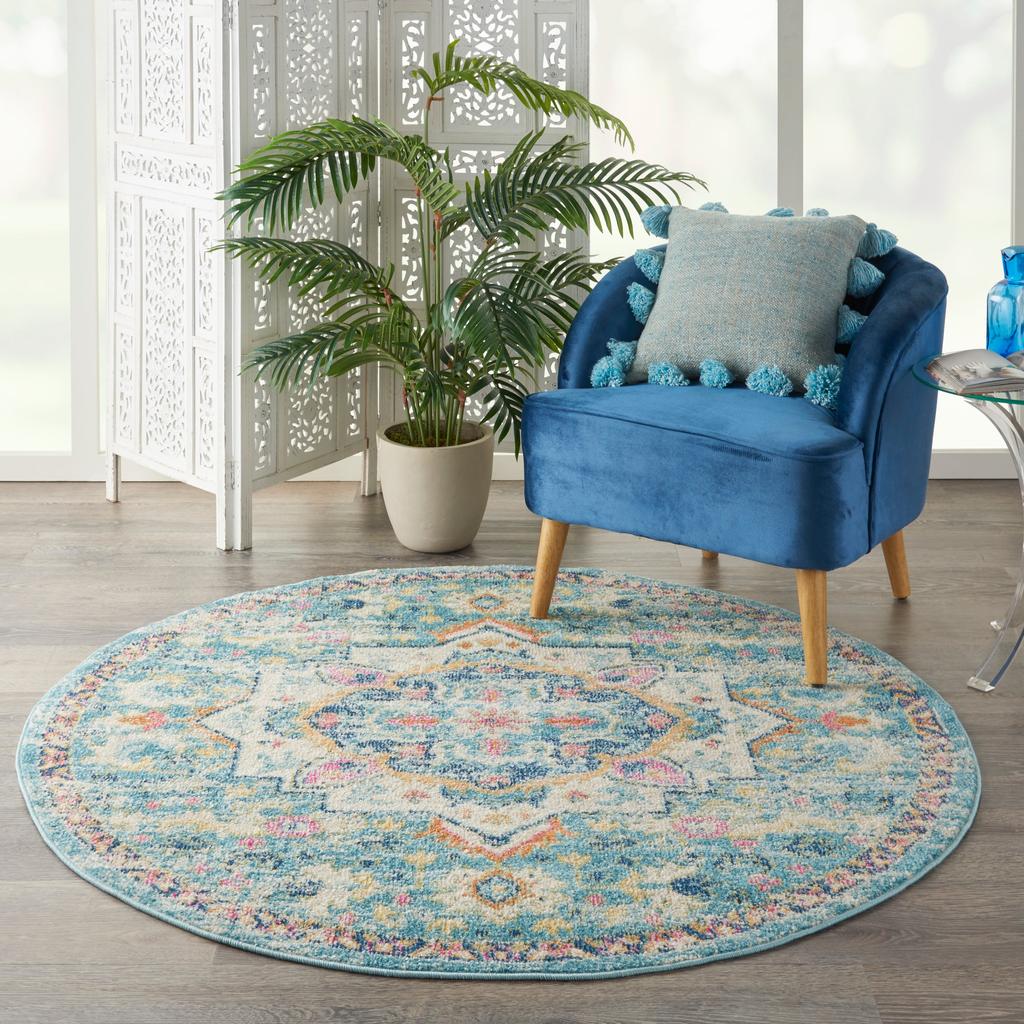 Nourison Home Passion PSN25 Ivory Light Blue Indoor Round Area Rug - Bohemian Power Loomed Machine Made Medium Pile