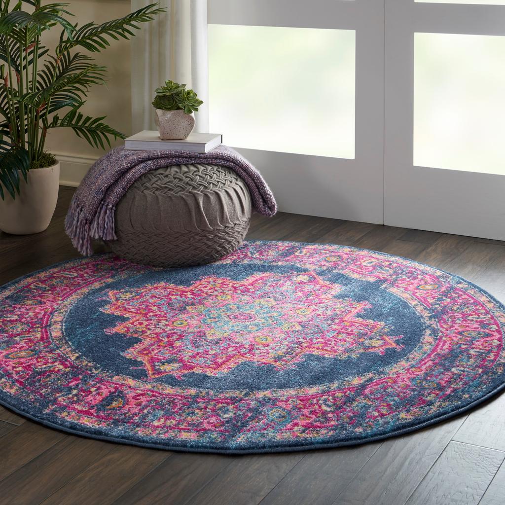 Nourison Home Passion PSN03 Blue Indoor Round Area Rug - Bohemian Power Loomed Machine Made Medium Pile