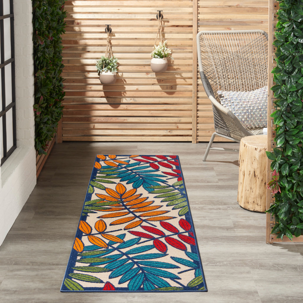 Nourison Home Aloha ALH18 Machine Made Multicolor Runner - Stain Resistant Indoor & Outdoor Low Pile Floral Runner with White Background-