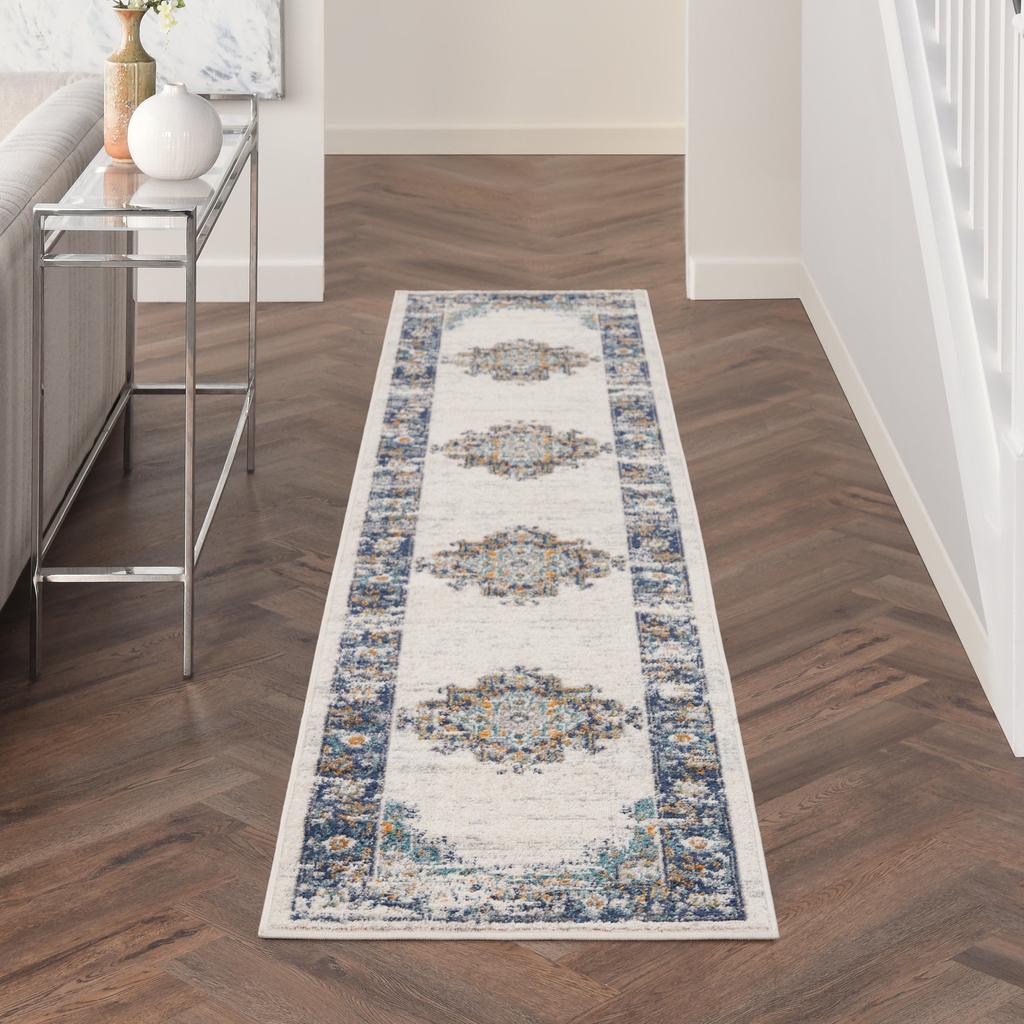 Nourison Home Passion PSN03 Ivory Grey Blue Indoor Runner - Vintage Power Loomed Machine Made Medium Pile