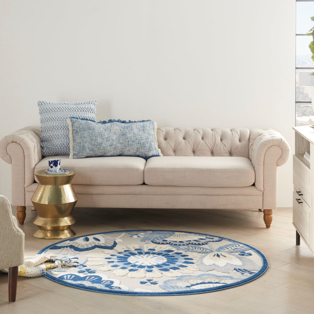 Nourison Home Aloha ALH25 Blue / Grey Round Area Rug - Premium Stain-Resistant Machine Made Rug Made of 100% Polypropylene-