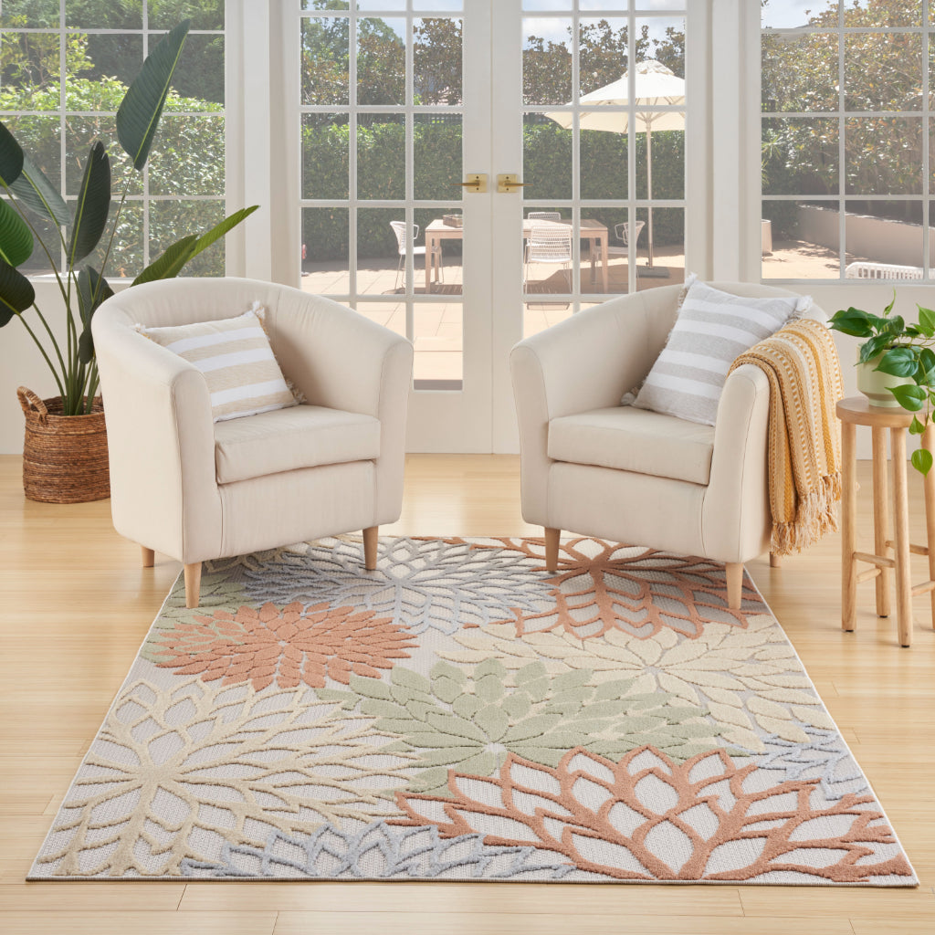 Nourison Home Aloha ALH05 Machine Made Multicolor Rectangle Area Rug - Stain Resistant Indoor & Outdoor Low Pile Rug with Ivory Floral Design-