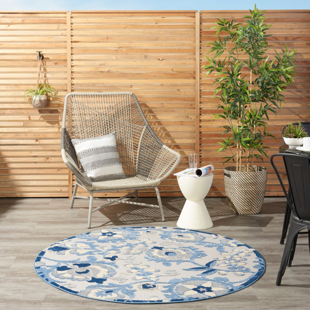 Nourison Home Aloha ALH17 Machine Made Multicolor Round Area Rug - Stain Resistant Indoor & Outdoor Low Pile Floral Rug with Gray Background-