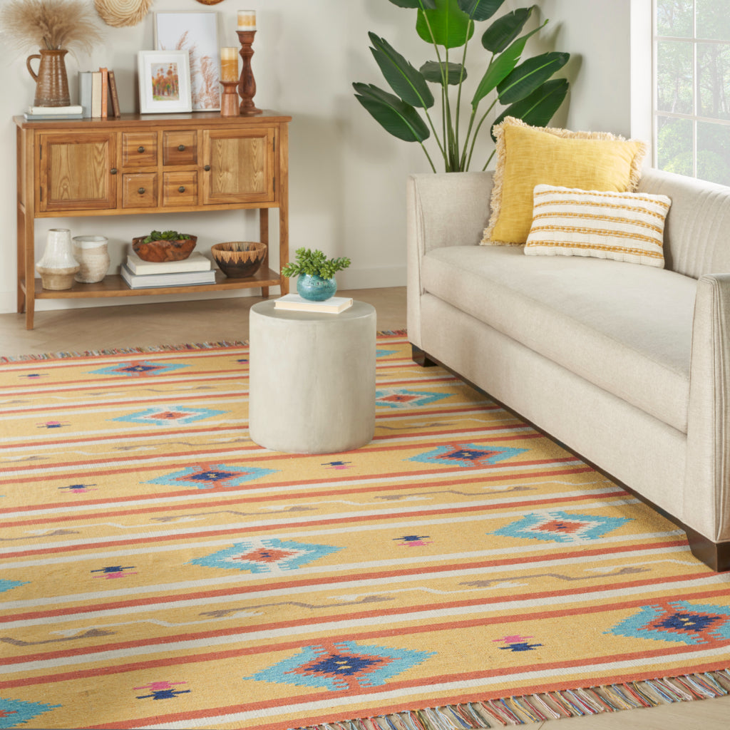 Nourison Home Baja BAJ03 Handmade Multicolor Rectangle Area Rug - Reversible Indoor Rug with Yellow Background-