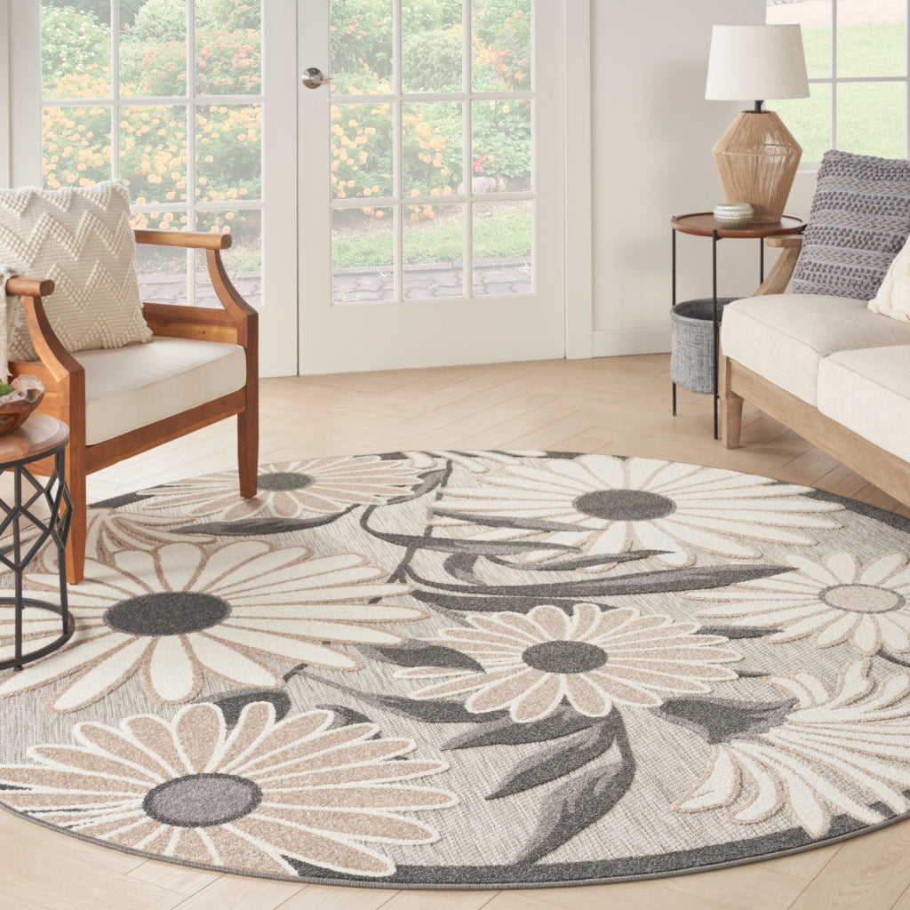 Nourison Home Aloha ALH33 Machine Made Multicolor Round Area Rug - Stain Resistant Indoor &amp; Outdoor Low Pile Rug with Beige Floral Design