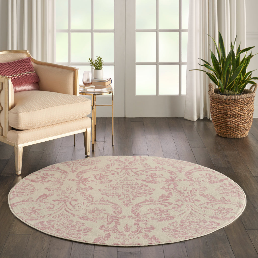 Nourison Home Jubilant JUB09 Pink Round Indoor Area Rug - Classic Damask Pattern Medium Pile Rug