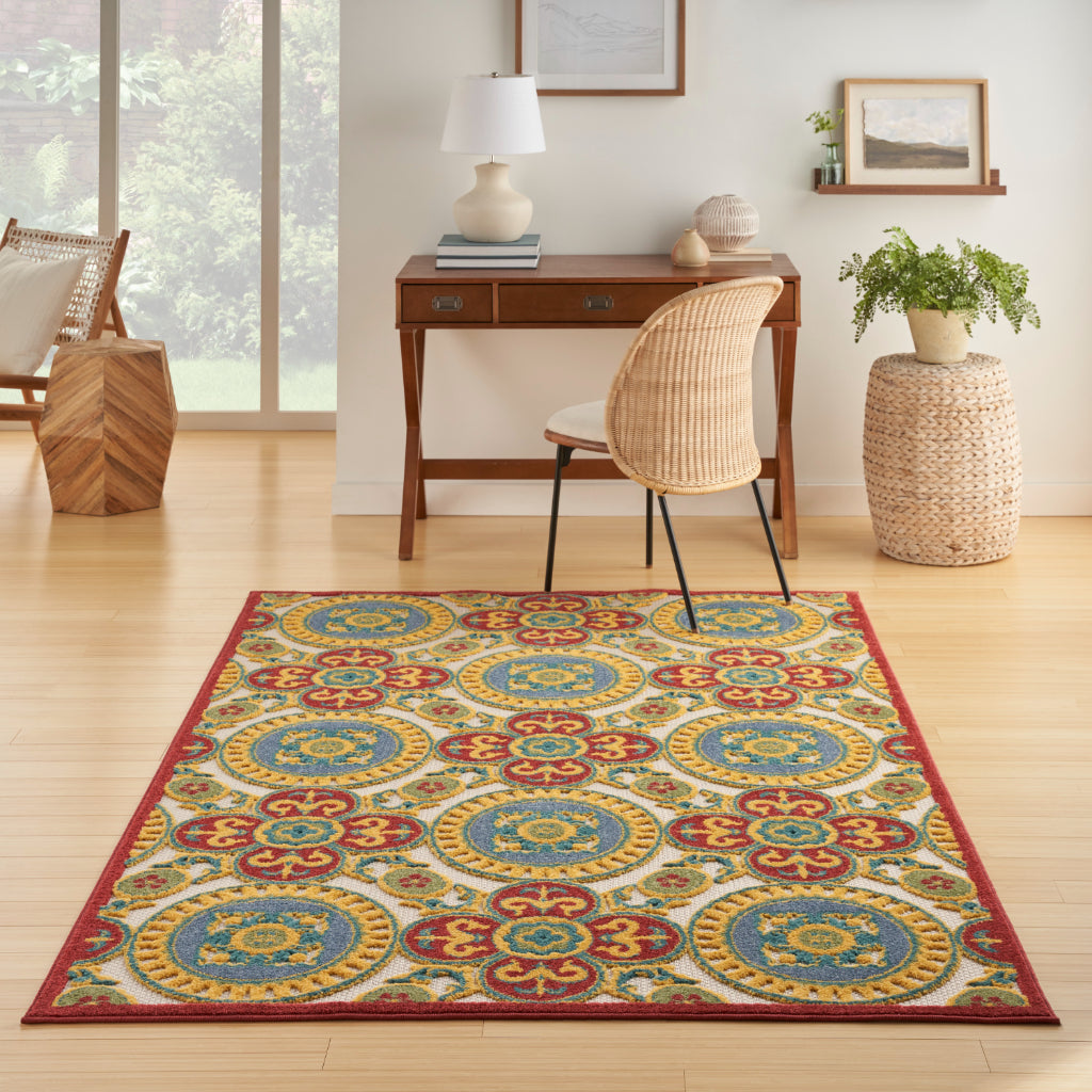 Nourison Home Aloha ALH30 Machine Made Multicolor Rectangle Area Rug - Stain Resistant Indoor/Outdoor Rug with Red Palette-