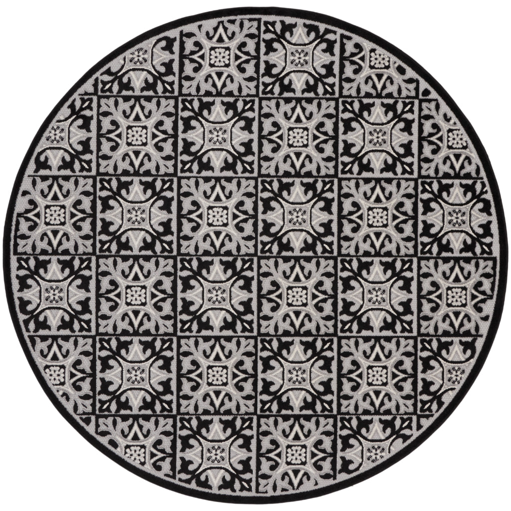 Nourison Home Aloha ALH34 Machine Made Two-Color Round Area Rug - Stain Resistant Low Pile Rug with Black Ornate Geometric Pattern-