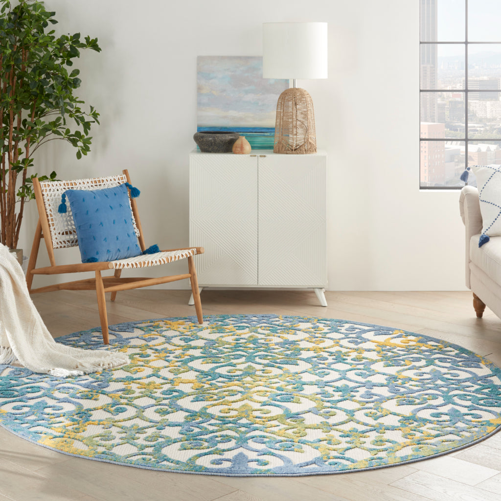 Nourison Home Aloha ALH21 Machine Made Blue Round Area Rug - Stain Resistant Indoor & Outdoor Low Pile Rug with Yellow Accent-