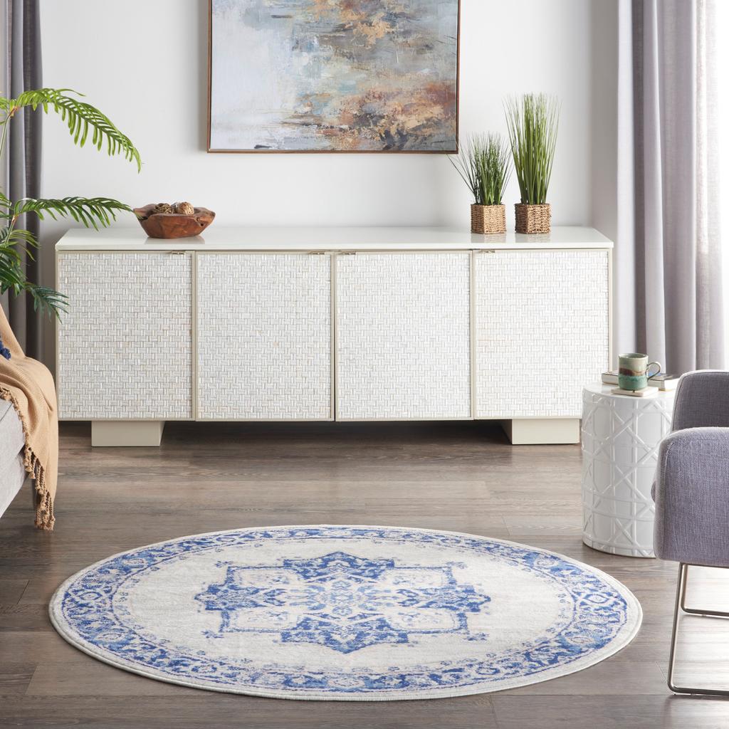 Nourison Home Whimsicle WHS03 Ivory Blue Indoor Round Area Rug - Farmhouse Power Loomed Machine Made Low Pile