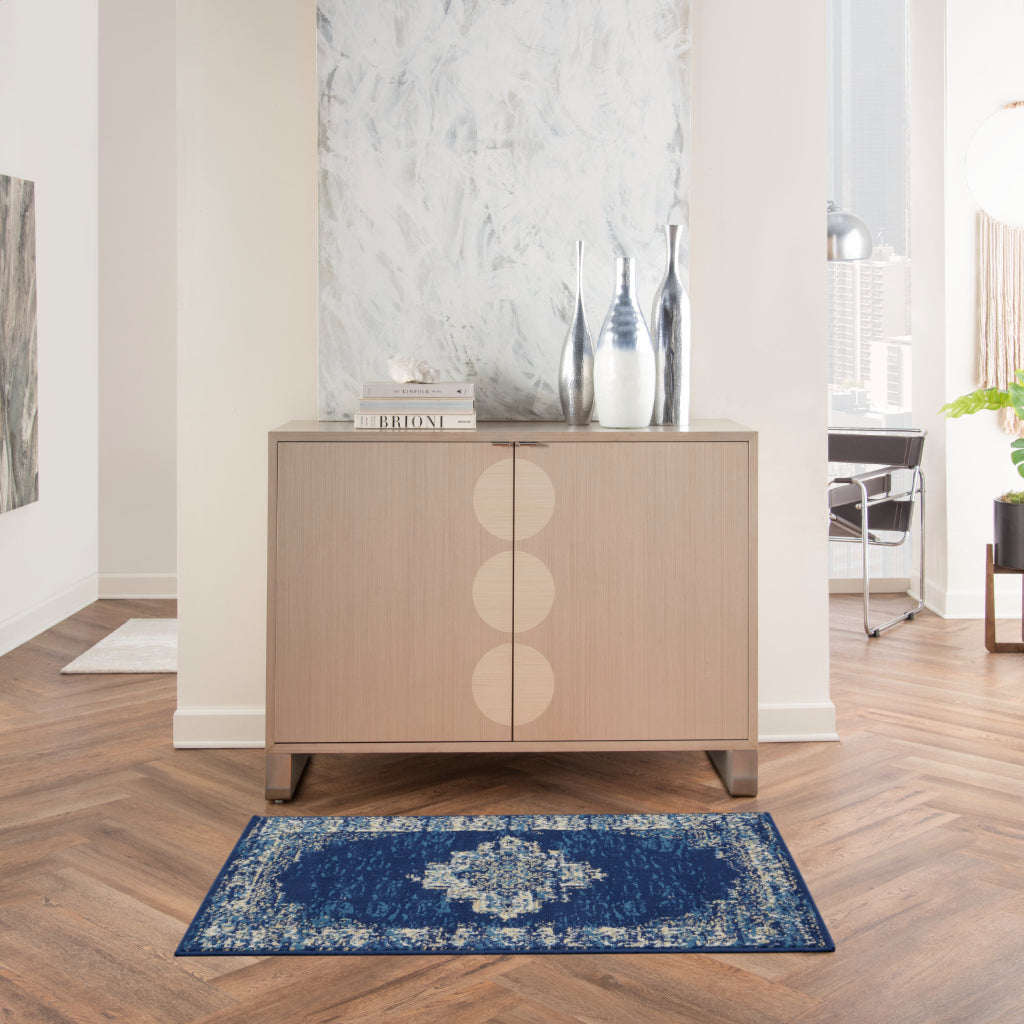 Nourison Home Grafix GRF14 Navy Blue Indoor Rectangle Area Rug - Vintage Style Power-Loomed Medium Pile Rug with Shades of Blue & White-