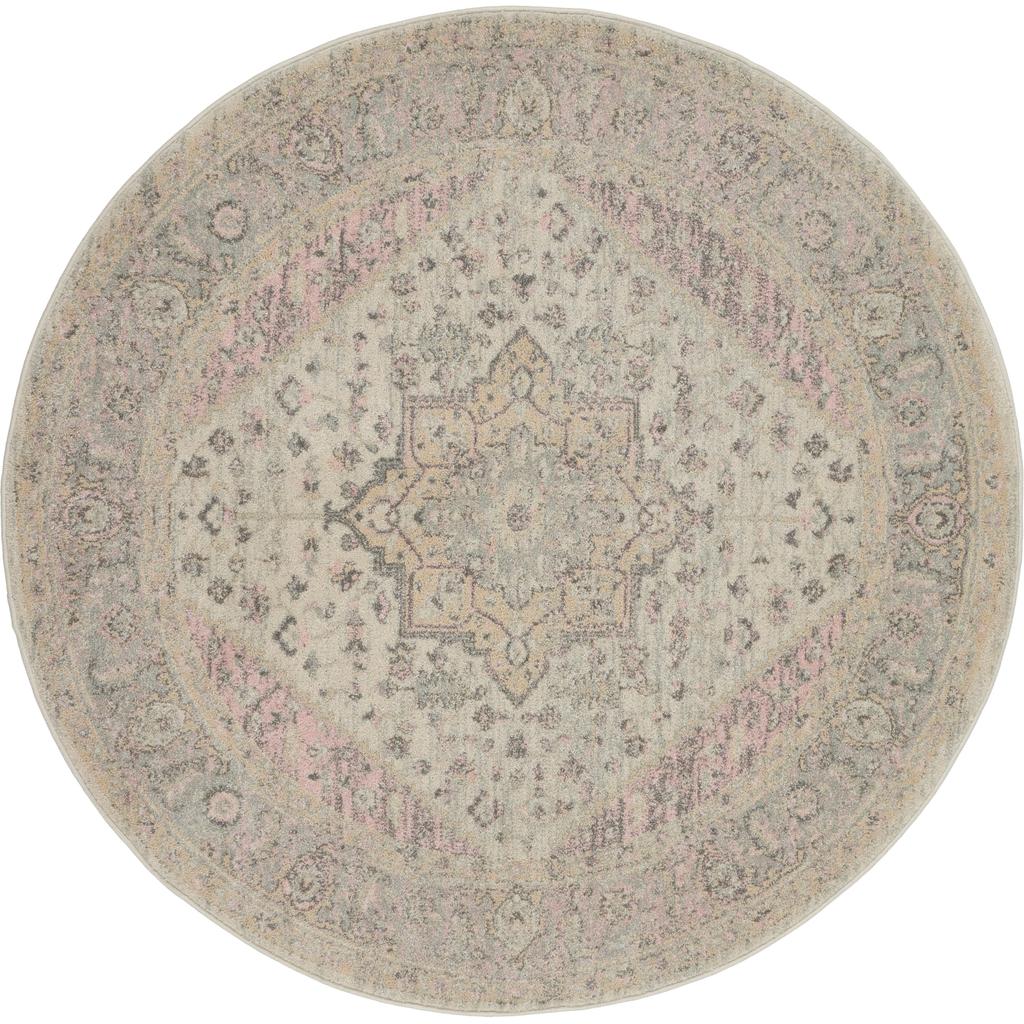 Nourison Home Tranquil TRA06 Pink and Beige Ivory Pink Indoor Round Area Rug - Vintage Power Loomed Machine Made Medium Pile