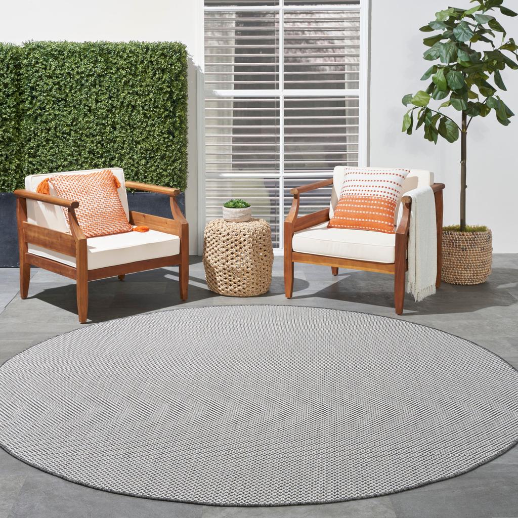 Nourison Home Courtyard COU01 Ivory Charcoal Indoor/Outdoor Round Area Rug - Modern Power Loomed Machine Made Low Pile