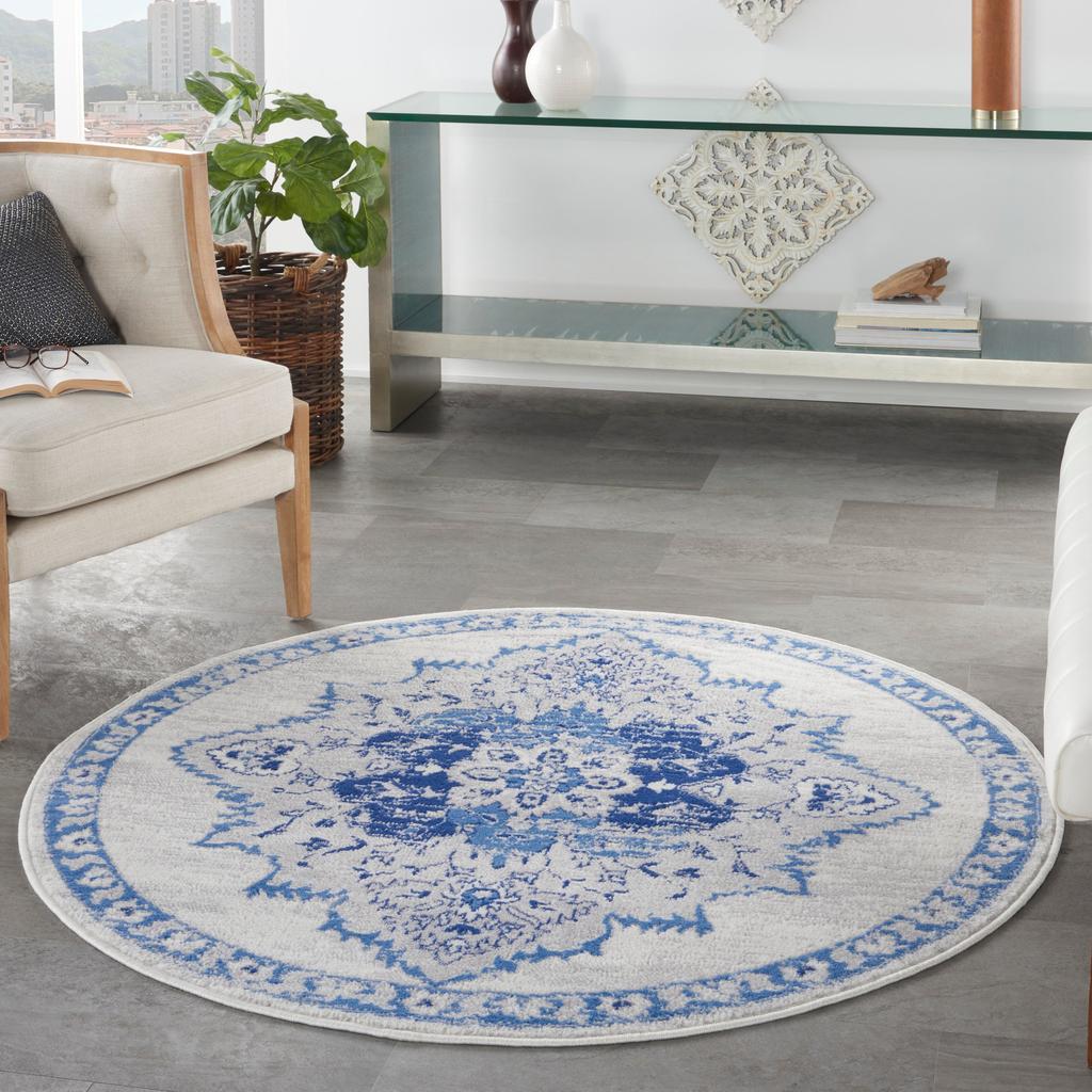 Nourison Home Whimsicle WHS14 Ivory Blue Indoor Round Area Rug - Bohemian Power Loomed Machine Made Low Pile