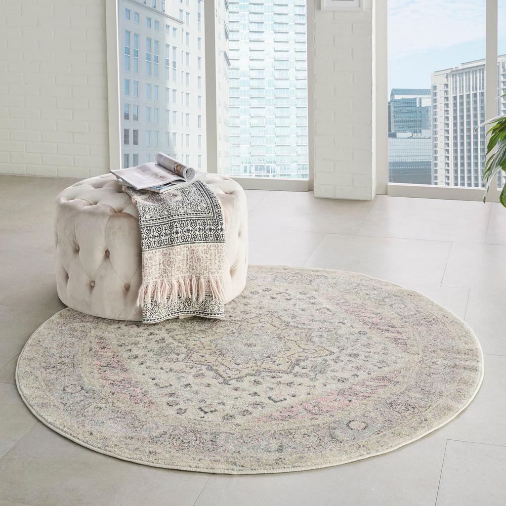 Nourison Home Tranquil TRA06 Pink and Beige Ivory Pink Indoor Round Area Rug - Vintage Power Loomed Machine Made Medium Pile