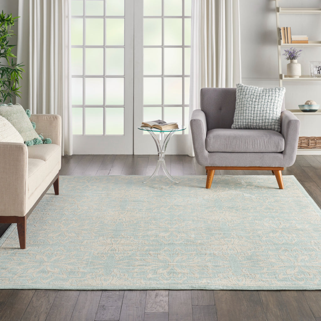 Nourison Home Jubilant JUB06 Aqua Blue Rectangle Indoor Area Rug - Elegant Medium Pile Farmhouse Style Rug with Floral Design