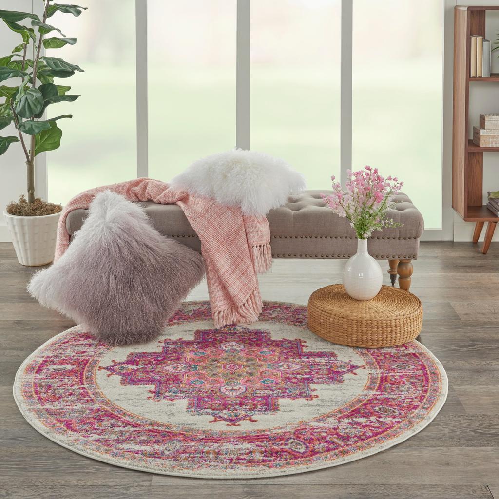 Nourison Home Passion PSN03 Pink and White Ivory/Fuchsia Indoor Round Area Rug - Bohemian Power Loomed Machine Made Medium Pile