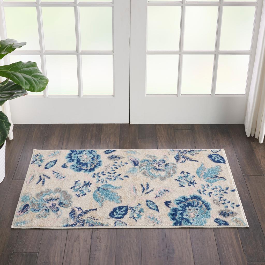 Nourison Home Tranquil TRA02 Ivory Light Blue Ivory/Light Blue Indoor Rectangle Area Rug - Farmhouse Power Loomed Machine Made Medium Pile