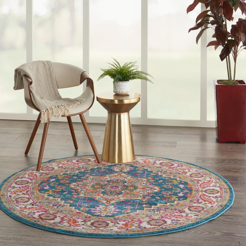 Nourison Home Passion PSN20 Teal Multicolor Indoor Round Area Rug - Bohemian Power Loomed Machine Made Medium Pile