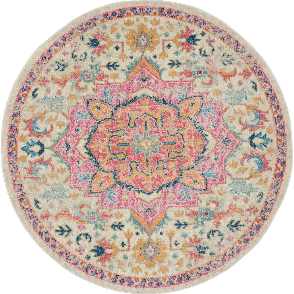 Nourison Home Passion PSN25 Ivory Pink Indoor Round Area Rug - Bohemian Power Loomed Machine Made Medium Pile