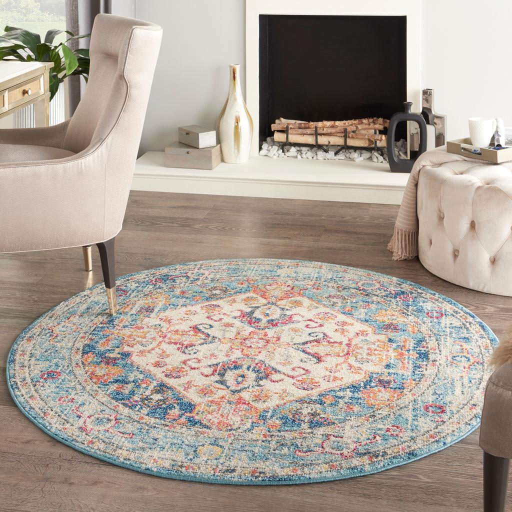 Nourison Home Passion PSN23 Ivory Light Blue Indoor Round Area Rug - Bohemian Power Loomed Machine Made Medium Pile