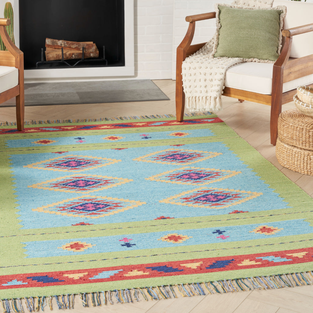 Nourison Home Baja BAJ02 Handmade Multicolor Rectangle Area Rug - Reversible Indoor Southwestern Rug with Blue &amp; Green Background