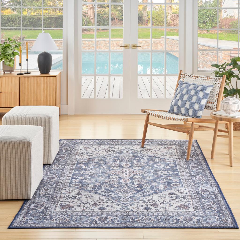 Nourison Home New Concept Washables SR104 Navy Ivory Indoor Rectangle Area Rug - Vintage Machine Woven Machine Made Low Pile