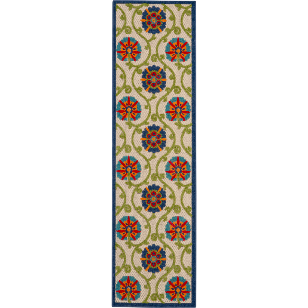 Nourison Home Aloha ALH19 Machine Made Multicolor Runner - Stain Resistant Indoor & Outdoor Low Pile Floral Runner with Cream Background-