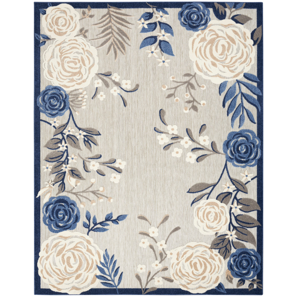 Nourison Home Aloha ALH32 Machine Made Multicolor Rectangle Area Rug - Stain Resistant Indoor & Outdoor Low Pile Rug with Blue-Gray Floral Design-