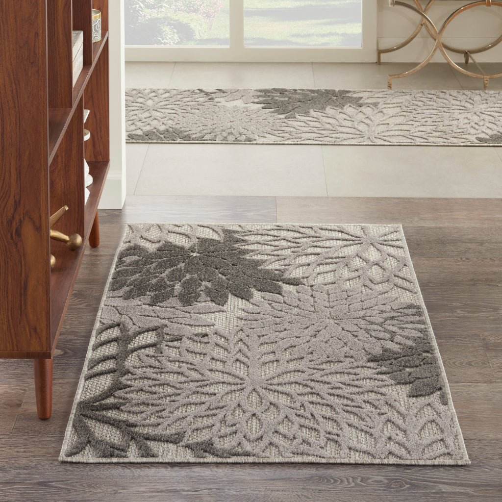 Nourison Home Aloha ALH05 Machine Made Gray Rectangle Area Rug - Stain Resistant Indoor &amp; Outdoor Low Pile Floral Rug with Gray Background