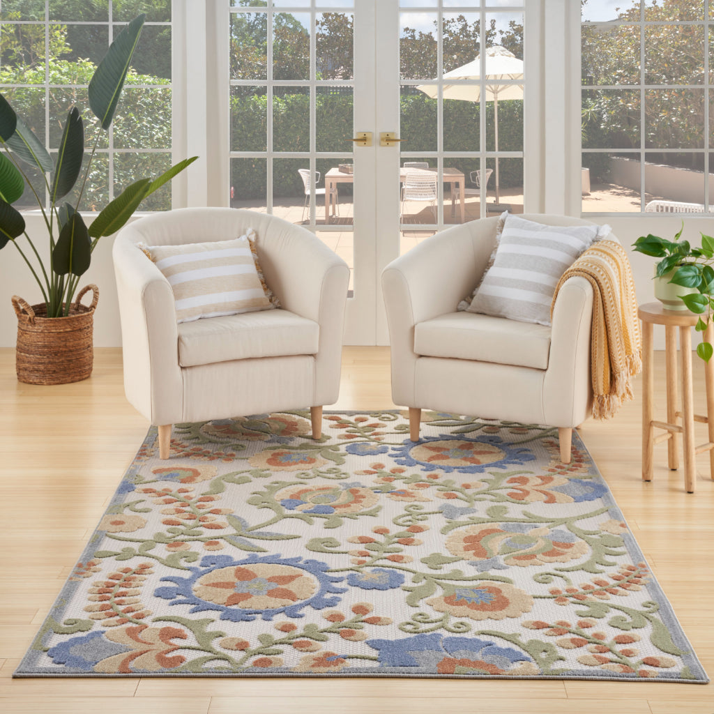 Nourison Home Aloha ALH17 Machine Made Multicolor Rectangle Area Rug - Stain Resistant Indoor &amp; Outdoor Low Pile Floral Rug with Cream Background