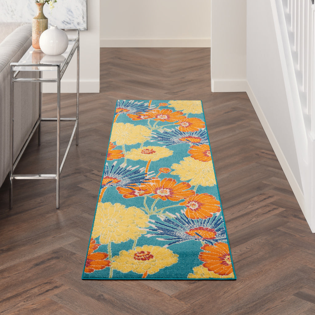 Nourison Home Allur ALR06 Multicolor Runner - Power Loomed Indoor Low Pile Floral Runner with Blue Background-