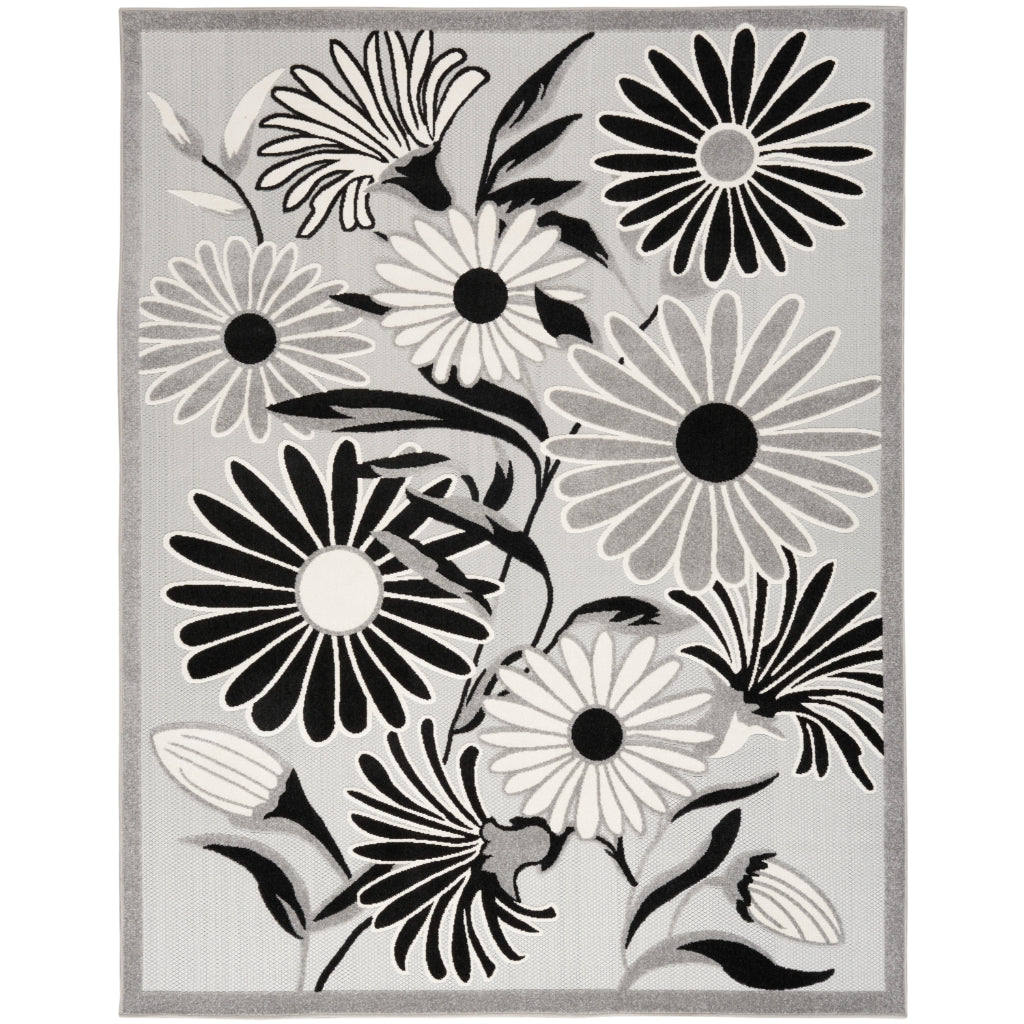 Nourison Home Aloha ALH33 Machine Made Two-Color Rectangle Area Rug - Stain Resistant Indoor & Outdoor Low Pile Rug with Black-White Floral Design-