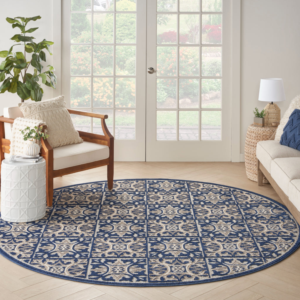 Nourison Home Aloha ALH34 Machine Made Multicolor Round Area Rug - Stain Resistant Low Pile Rug with Blue Ornate Geometric Pattern-