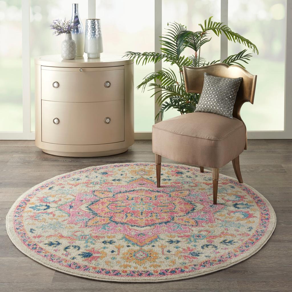 Nourison Home Passion PSN25 Ivory Pink Indoor Round Area Rug - Bohemian Power Loomed Machine Made Medium Pile