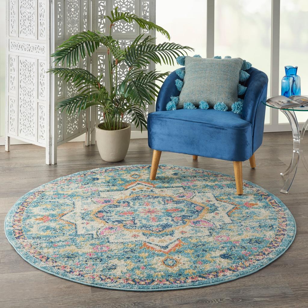 Nourison Home Passion PSN25 Ivory Light Blue Indoor Round Area Rug - Bohemian Power Loomed Machine Made Medium Pile