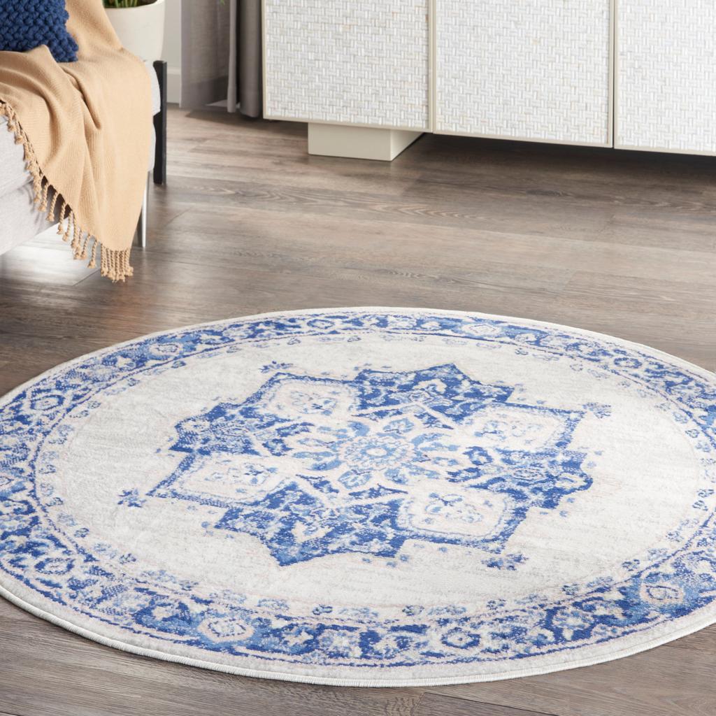 Nourison Home Whimsicle WHS03 Ivory Blue Indoor Round Area Rug - Farmhouse Power Loomed Machine Made Low Pile
