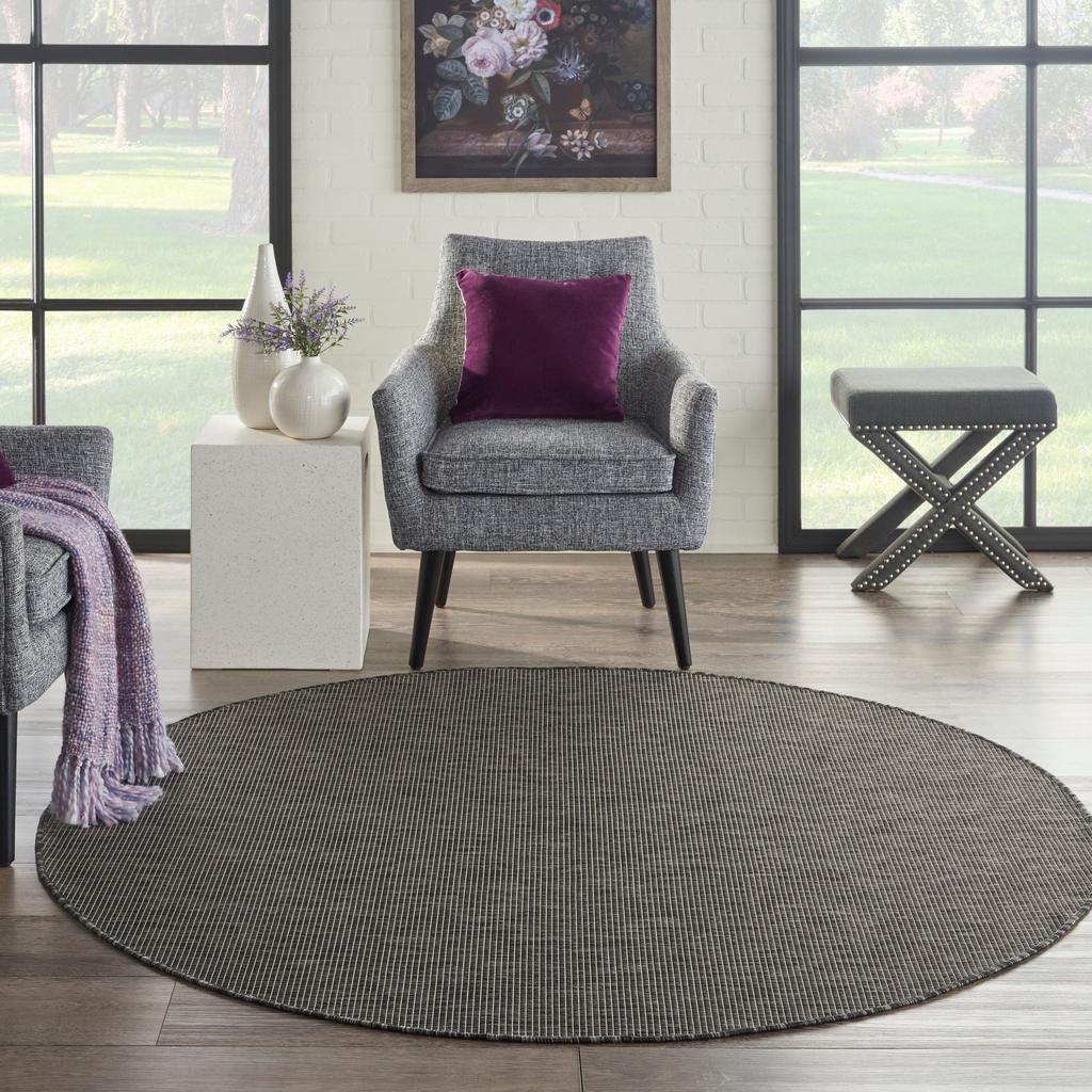 Nourison Home Positano POS01 Charcoal Indoor/Outdoor Round Area Rug - Modern Power Loomed Machine Made Low Pile