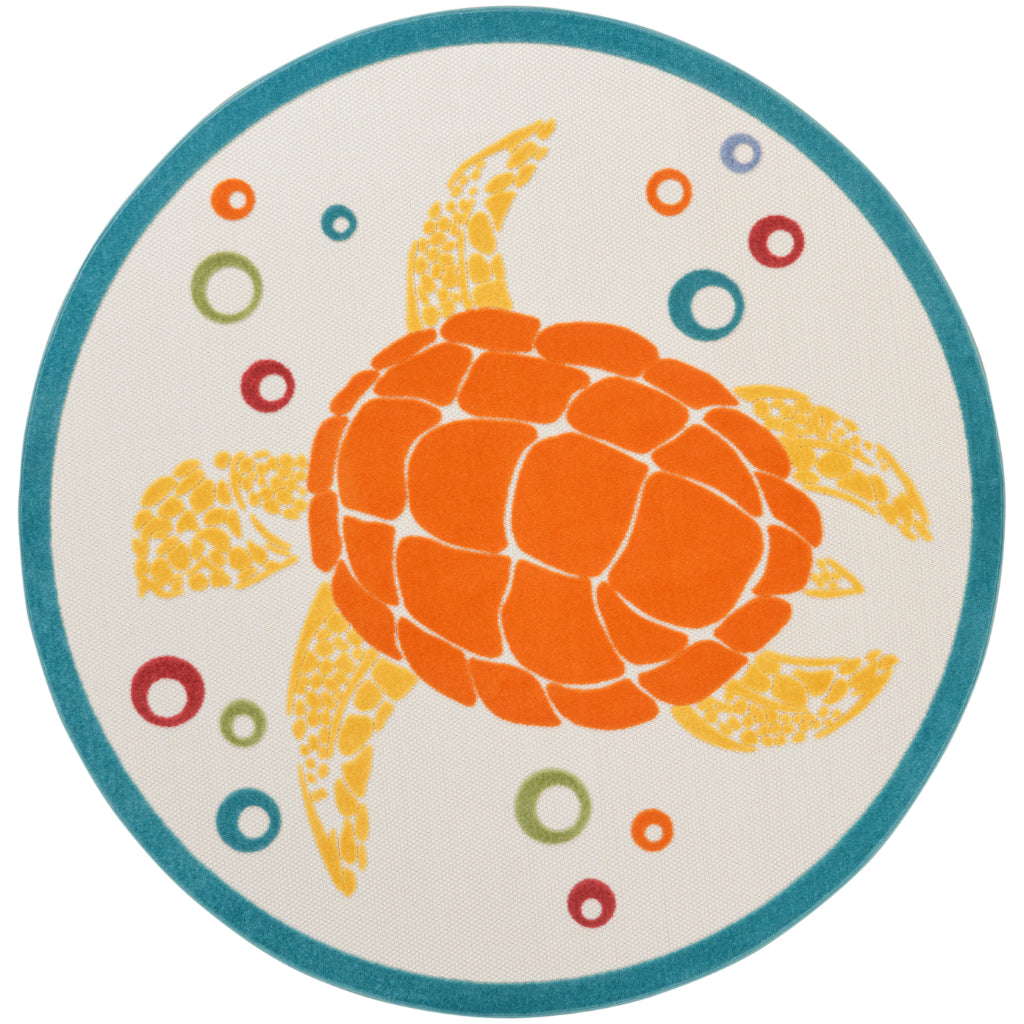 Nourison Home Aloha ALH27 Multicolor Round Area Rug - Stain Resistant Indoor / Outdoor Rug with Orange Sea Turtles Design
