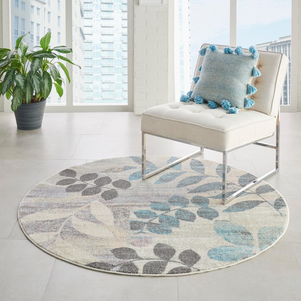 Nourison Home Tranquil TRA01 Ivory Blue Ivory/Light Blue Indoor Round Area Rug - Farmhouse Power Loomed Machine Made Medium Pile