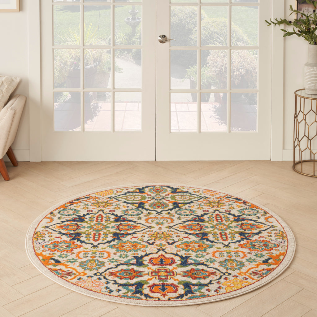 Nourison Home Allur ALR03 Power Loomed Multicolor Round Area Rug - Indoor Low Pile Bohemian Style Rug in Ivory Background-